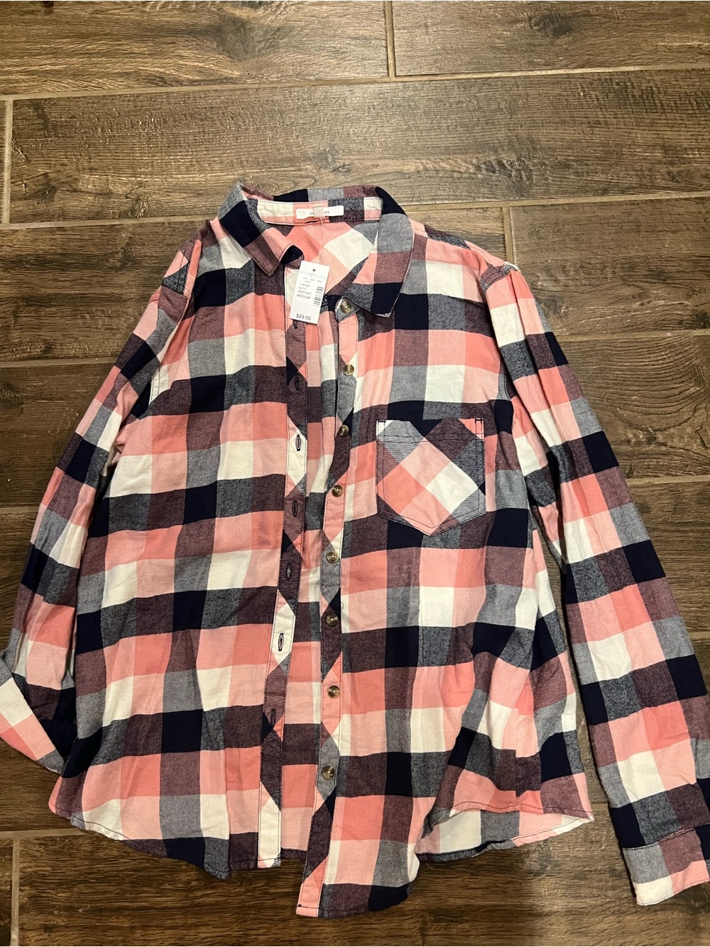 Maurices Pink, Navy & White Plaid Button-Down Shirt